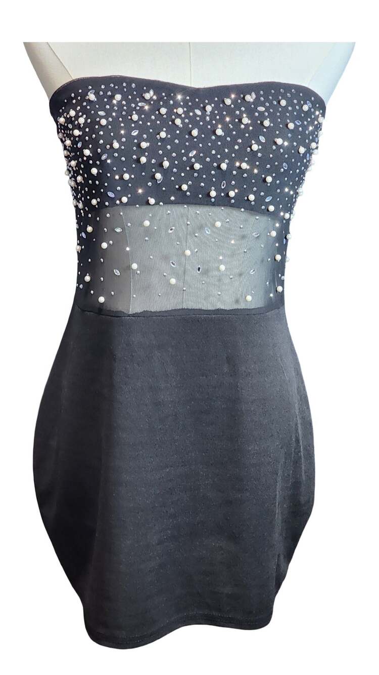 SHEIN Black Strapless Rhinestone Pearl Mesh Bodycon Mini Dress Size L